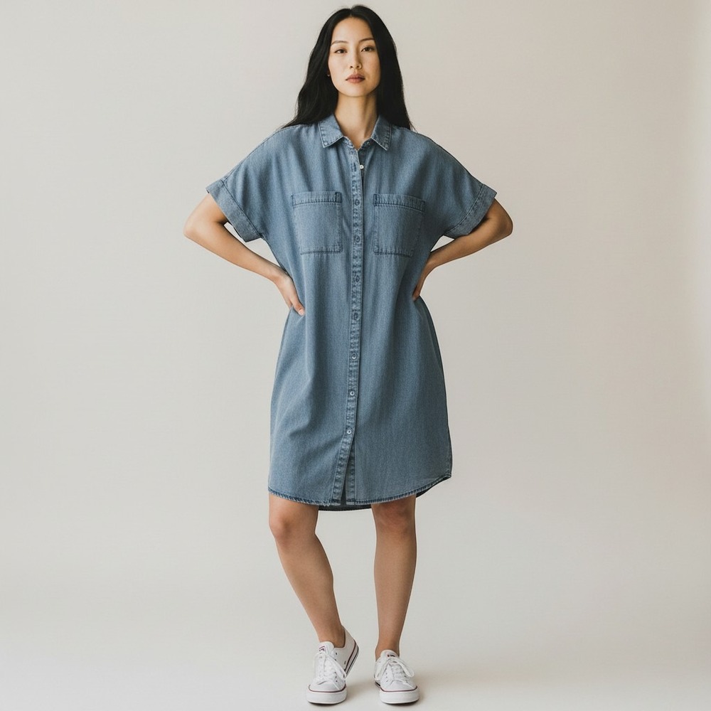 Velvet Heart Los Angeles Tencel Denim Shirt Dress Medium Wash Short Sleeve M